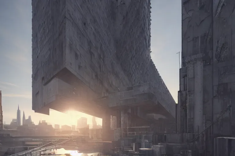 Image similar to streetscape, a towering cathedral of brutalist architecture, buildings covered with greebles, stunning volumetric light, sunset, metal, concrete and translucent material, stunning skies, majestic landscape, trending on Artstation, 8k, photorealistic, hyper detailed, unreal engine 5, IMAX quality, cinematic, epic lighting, in the style of Greg Rutkowski