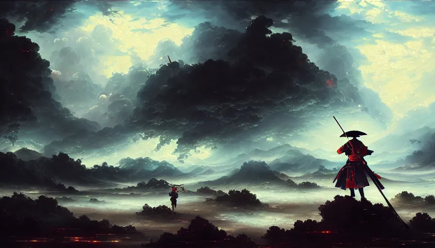 Image similar to baroque oil painting of key visual samurai war, rain, storm, fake detail, trending pixiv fanbox, acrylic palette knife, style of makoto shinkai takashi takeuchi yoshiyuki sadamoto greg rutkowski chiho aoshima