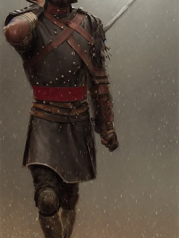 Prompt: an ultradetailed beautiful portrait painting of a roman soldier marching in the rain, side view, oil painting, high resolution, by ilya kuvshinov, greg rutkowski and makoto shinkai