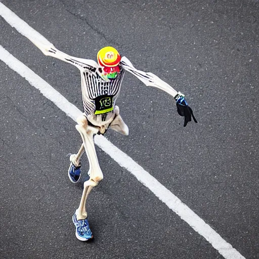 Image similar to A skeleton crossing the finish to win a marathon, award winning photograph,