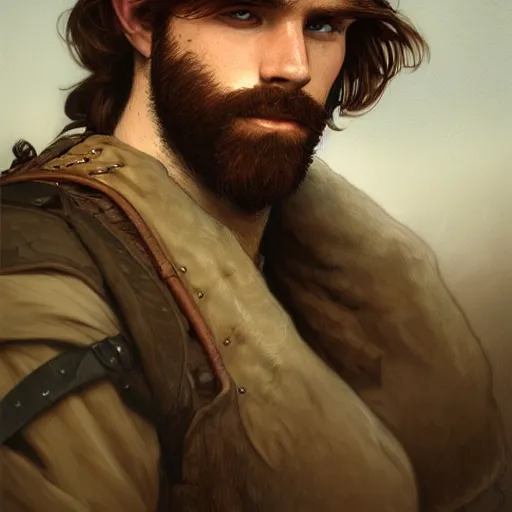 Image similar to portrait of a rugged ranger, 25 years old, beard, male, masculine, upper body, red hair, long hair, soft hair, D&D, fantasy, intricate, elegant, highly detailed, digital painting, artstation, concept art, matte, sharp focus, illustration, art by Artgerm and Greg Rutkowski and Alphonse Mucha