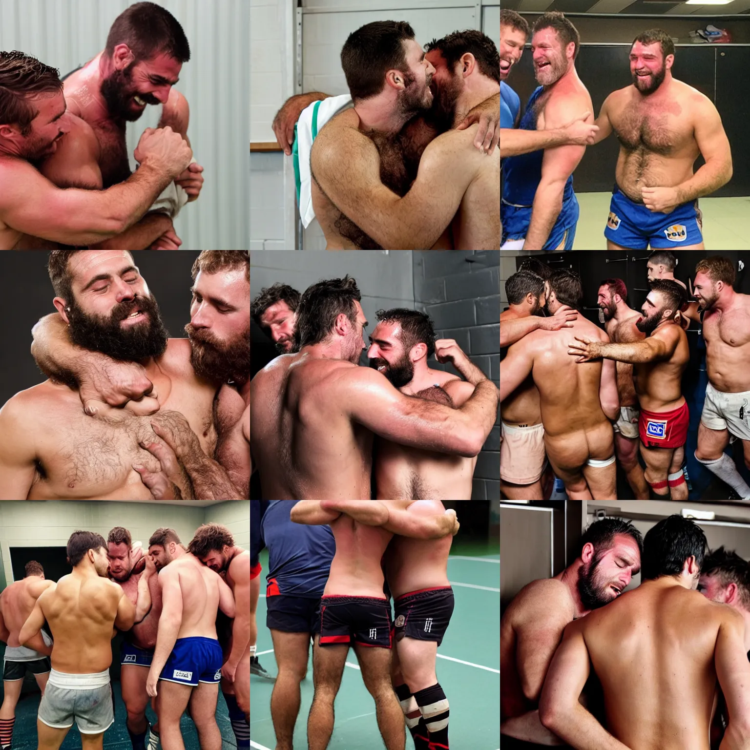 Prompt: hairy shirtless sweaty rugbymen after a match hugging each other in a locker room