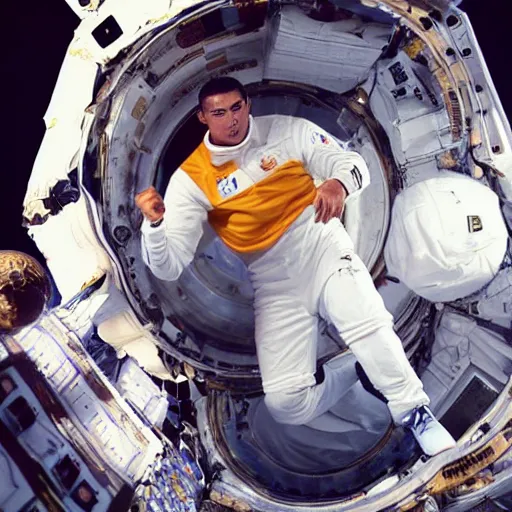 Image similar to ronaldo in space, full body shot, wide angle