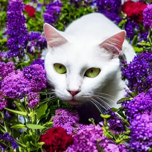 Image similar to a photo of a white cat laying on his back surrounded by flowers.