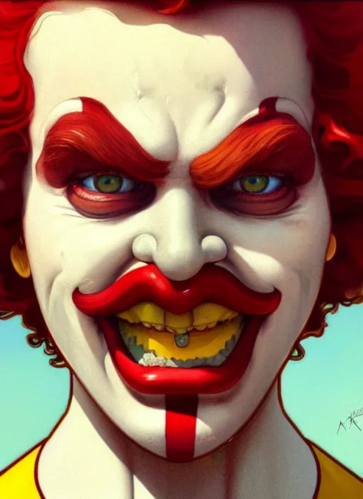 Image similar to close up portrait of ronald mcdonald, yellow jumper with white collar, sinister by artgerm, cushart krenz, greg rutkowski, mucha. art nouveau. gloomhaven, golden arches logo, pale colors, sharp edges. ultra clear detailed. 8 k. elegant, intricate, octane render