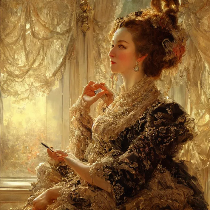 Prompt: longing look of a woman at sunrise, portrait, highly detailed, backlit, bourgeoise, extremely opulent, ornate art, pompous, ornamental, richly detailed, digital art by wlop, adolph menzel, carvaggio