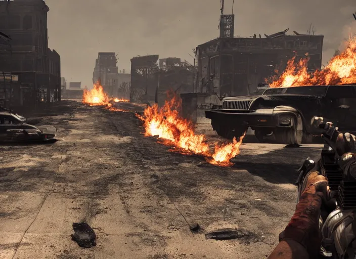 Prompt: detroit after the end of the world, unreal engine, incredibly detailed, fires on the plain, dramatic imagery, destitute, burning, 4 k,