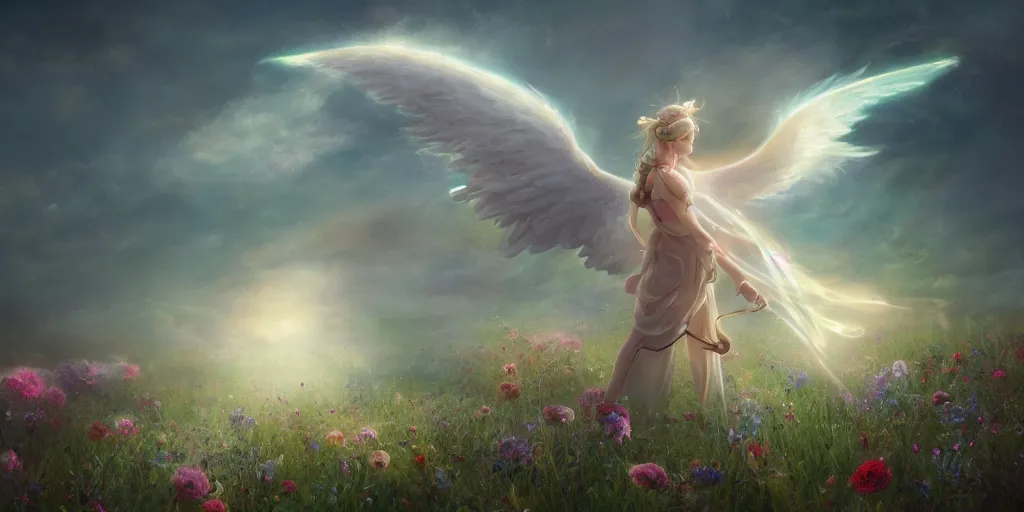 Image similar to An angel with beautiful face shooting luminous arrows with a bow on a country landscape covered with flowers, inspired by Amandine Van Ray, Christophe Vacher, trending on artstation, heavenly colors, volumetric lighting