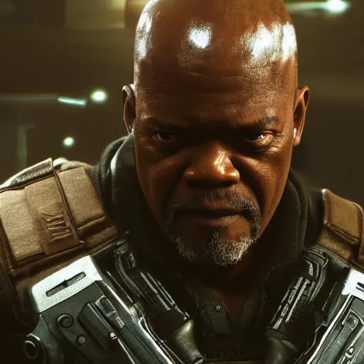 Image similar to Samuel L Jackson in Gears of War, splash art, movie still, cinematic lighting, dramatic, octane render, long lens, shallow depth of field, bokeh, anamorphic lens flare, 8k, hyper detailed, 35mm film grain