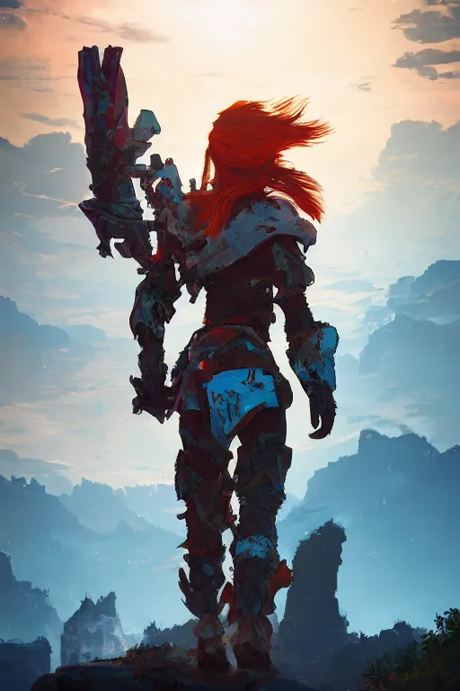 Image similar to combination suit armor aloy horizon forbidden west horizon zero dawn radiating a glowing aura global illumination ray tracing hdr fanart arstation by ian pesty and alena aenami artworks in 4 k tribal robot ninja mask helmet backpack