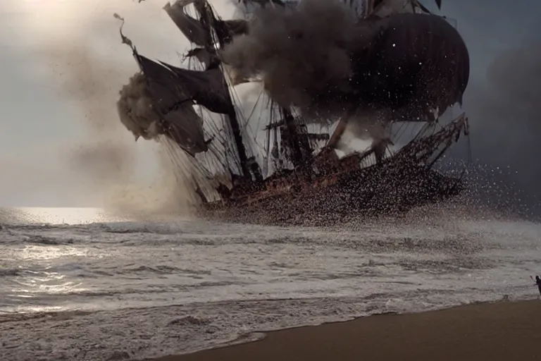 Image similar to vfx movie closeup portrait pirate crew running down beach as pirate ship fires canons, 8 5 mm sand explosion by emmanuel lubezki