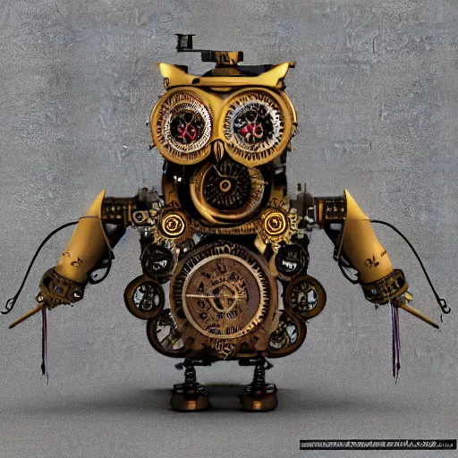 Image similar to 3D render of highely detailed steampunk mechanical owl robot