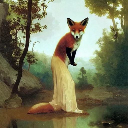 Image similar to An animal portrait of a fox in a flowing dress by Robert Cleminson and William-Adolph Bouguereau, forest and rivers in the background by Albert Bierstadt