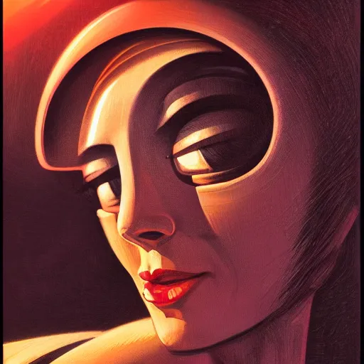 Image similar to detailed face of a woman, clockwork, moment, tectonic sky, skydome, bullet train, jets, turbines, utopian, tech noir, wet reflections, prism, atmospheric, ambient, pj crook, syd mead, livia prima, greg rutkowski, edward hopper