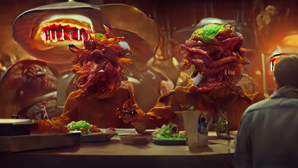 Prompt: the strange taco creature at the fast food place, film still from the movie directed by denis villeneuve and david cronenberg with art direction by salvador dali and zdzisław beksinski, wide lens