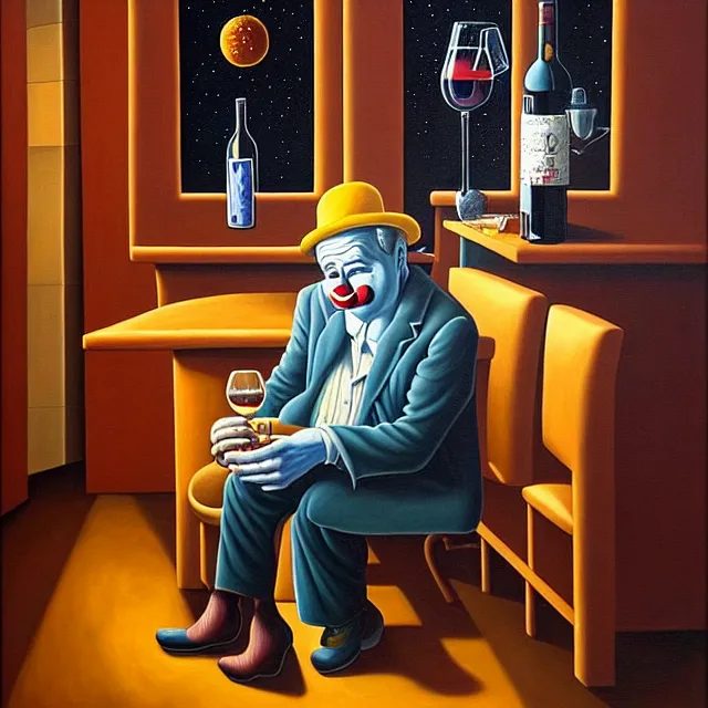 Image similar to an oil on canvas painting of a sad clown sitting by himself drinking wine in a bar, surrealism, surrealist, cosmic horror, rob gonsalves, high detail