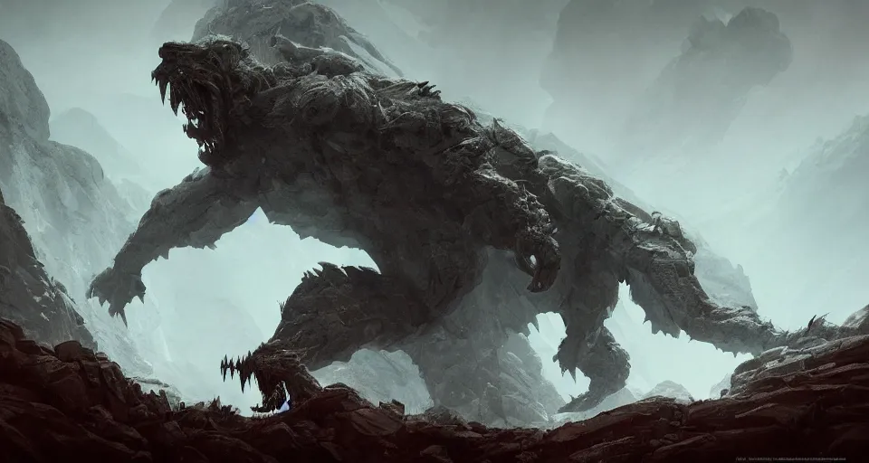 Prompt: a giant monster with many limbs crawling across a misty mountainous landscape, dramatic lighting, illustration by francois baranger, greg rutkowski, yoji shinkawa, 4 k, digital art, concept art, trending on artstation