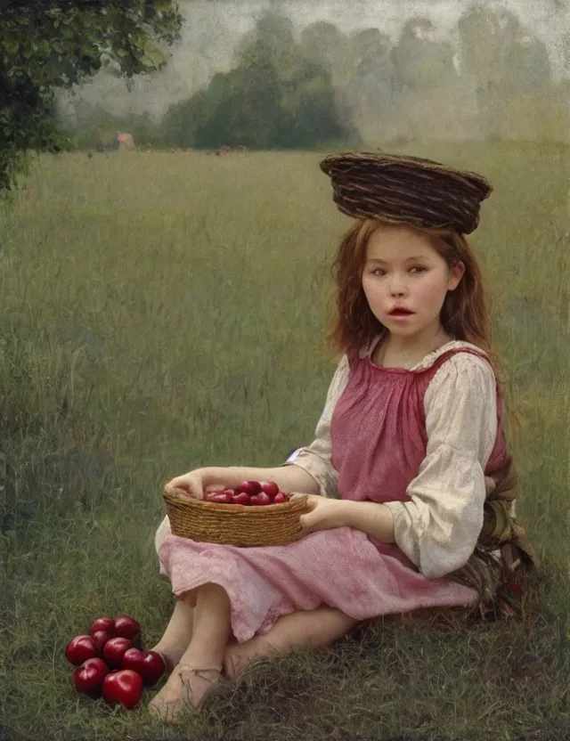 Prompt: peasant girl eating cherry, portrait, cottage core, cinematic focus, polaroid photo bleached vintage pastel colors high - key lighting, soft lights, foggy, by steve hanks, by lisa yuskavage, by serov valentin, by tarkovsky, 8 k render, detailed, oil on canvas