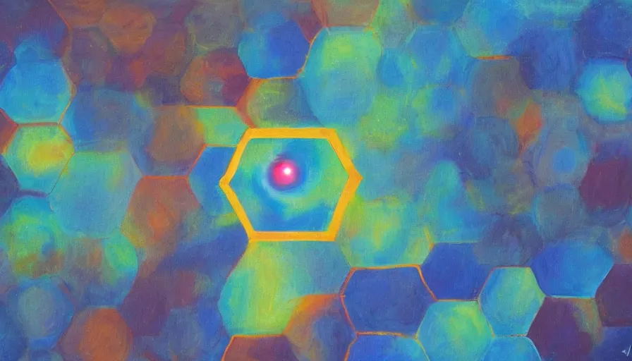 Image similar to the sun, blocked by a hexagon in space, painting