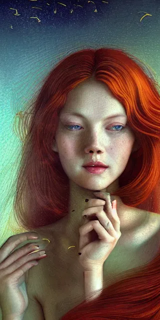 Prompt: infp young woman, smiling amazed, golden fireflies lights, amidst of nature fully dressed, long red hair, intricate linework, accurate green eyes, small nose with freckles, oval shape face, realistic, expressive emotions, dramatic lights mystical scene, hyper realistic ultrafine art by artemisia gentileschi, caravaggio, jessica rossier, boris vallejo