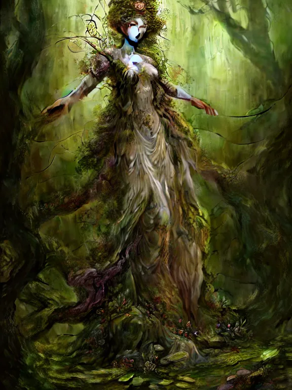 Image similar to Full View Portrait Mystical ethereal Forest deity wearing beautiful dress, vines tree bark moss Dryad made of forest beautiful dress, 4k digital masterpiece by Craig Mullins and Ruan Jia and Tom bagshaw, Alberto Seveso, fantasycore, Hyperdetailed, realistic oil on linen, soft lighting, kush background, featured on Artstation, textured, stylized, intricate details