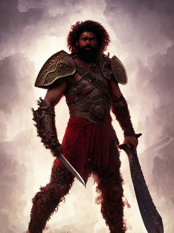 Prompt: male warrior, blood red armor, giant axe, messy curly hair, unkempt beard, dark brown skin, ready to fight, realistic, smooth, sharp focus, character select portrait, fire background, by artgerm, greg rutkowski, alphonse mucha, 3 d