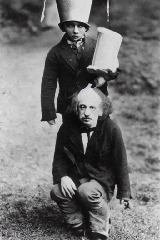 Image similar to Young Albert Einstein wearing a dunce cap, 1920's black and white photograph