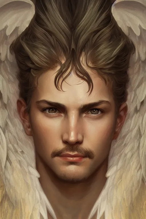 Image similar to up close portrait of a male angel, d & d, face, fantasy, intricate, elegant, highly detailed, digital painting, artstation, concept art, smooth, sharp focus, illustration, art by artgerm and greg rutkowski and alphonse mucha