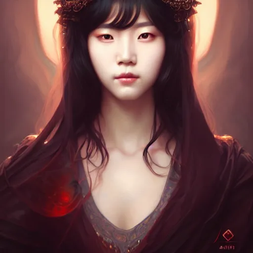 Image similar to Portrait of female korean idol, D&D, face, dark fantasy, intricate, elegant, highly detailed, digital painting, artstation, concept art, smooth, sharp focus, illustration, art by artgerm and greg rutkowski and alphonse mucha