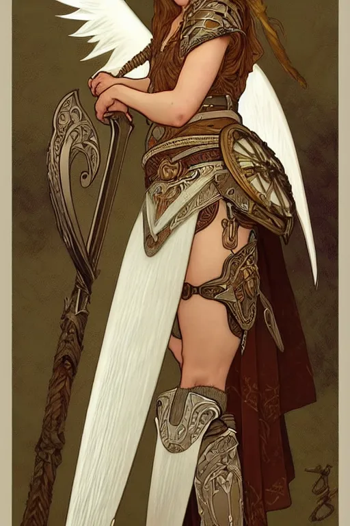 Image similar to Cristina Ricci as an Viking warrior angel, fantasy, intricate, elegant, highly detailed, digital painting, artstation, concept art, smooth, sharp focus, illustration, art by alphonse mucha