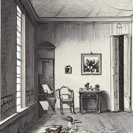 Prompt: very detailed interior of a building, bedroom of an artist in the style of Mary Byfield (1795–1871), English book illustrator and wood engraver