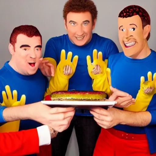 Prompt: the wiggles lead singer greg eats burger