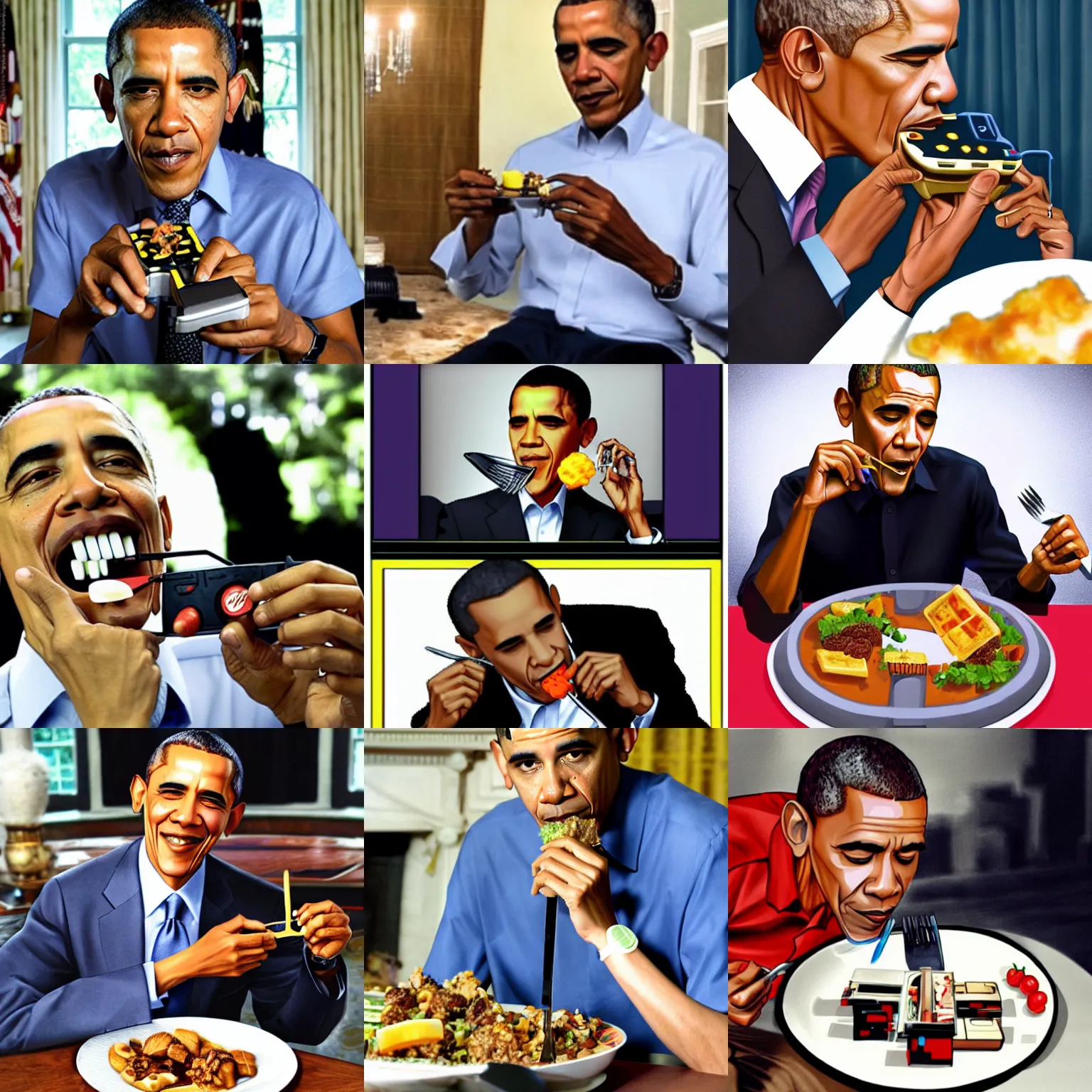 Prompt: Obama eating a Gamecube with a fork and knife