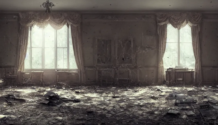 Prompt: abandoned oval office with broken windows covered by cobwebs, destroyed furnitures, dusty floor, old torn curtains, lights through windows, hyperdetailed, artstation, cgsociety, 8 k