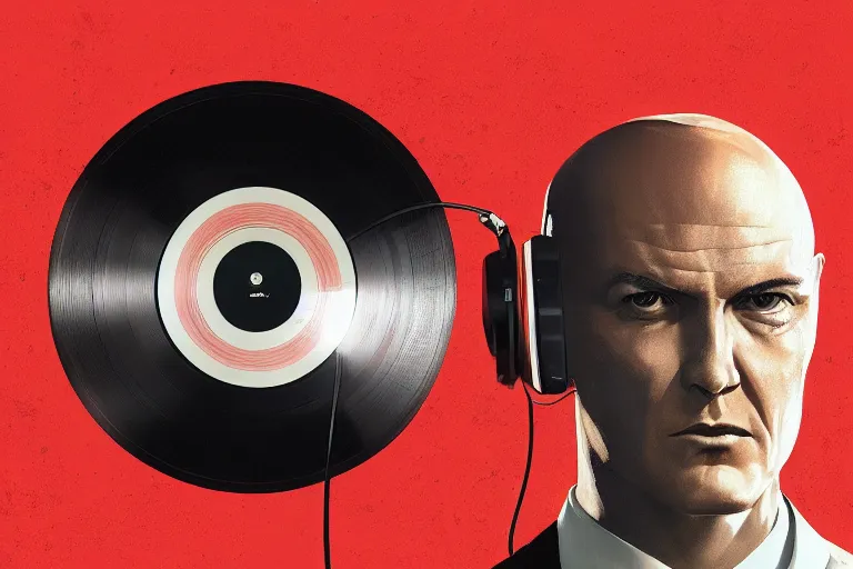 Image similar to a portrait of agent 4 7 from hitman wearing headphones and putting a vinyl record onto a turntable, dark background, red rim light, digital art, artstation, concept art by giger stalenhag