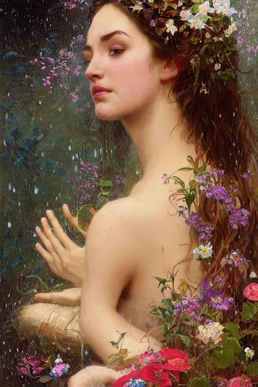 Prompt: portrait of a beautiful mysterious woman holding a bouquet of flowing flowers, wet dripping long hair, hands hidden from view, emerging from the water, fantasy, regal, intricate, by stanley artgerm lau, greg rutkowski, thomas kindkade, alphonse mucha, loish, norman rockwell