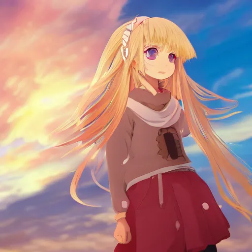 Prompt: blonde - haired princess, anime princess, wearing casual clothing, golden hour, partly cloudy sky, red clouds, orange sky, old town, strong lighting, strong shadows, vivid hues, ultra - realistic, sharp details, subsurface scattering, intricate details, hd anime, 2 0 1 9 anime