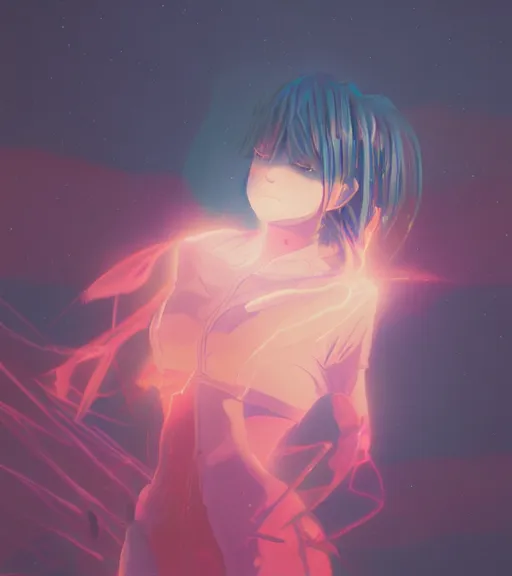 Prompt: filip hodas painting of an anime woman, direct flash photography at night, film grain