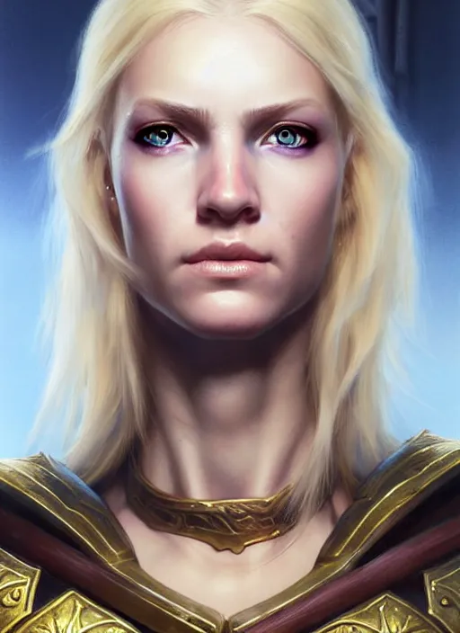 Image similar to a _ fantasy _ style _ portrait _ painting _ of timid white female paladin with blonde hair and blue eyes,, scar under left eye, holy oil _ painting _ unreal _ 5 _ daz. _ rpg _ portrait _ extremely _ detailed _ artgerm _ greg _ rutkowski _ greg