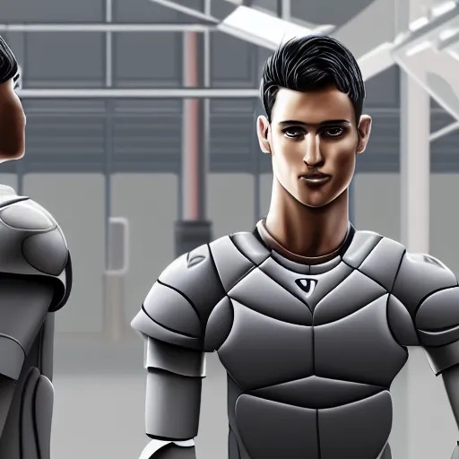 Prompt: a realistic detailed photo of a guy who is an attractive humanoid who is half robot and half humanoid, who is a male android, attractive and handsome baseball players, shiny skin, posing like a statue, blank stare, in a factory, on display, showing off his muscles, wearing baseball uniforms, side view, looking at each other mindlessly