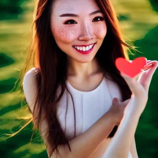 Image similar to beautiful hyperrealism selfie of a cute 3 d young woman smiling softly, long light bronze brown hair, cute freckles, flushed face, red blush, small heart - shaped face, soft features, emerald green eyes, chinese heritage, golden hour, 8 k, sharp focus, instagram