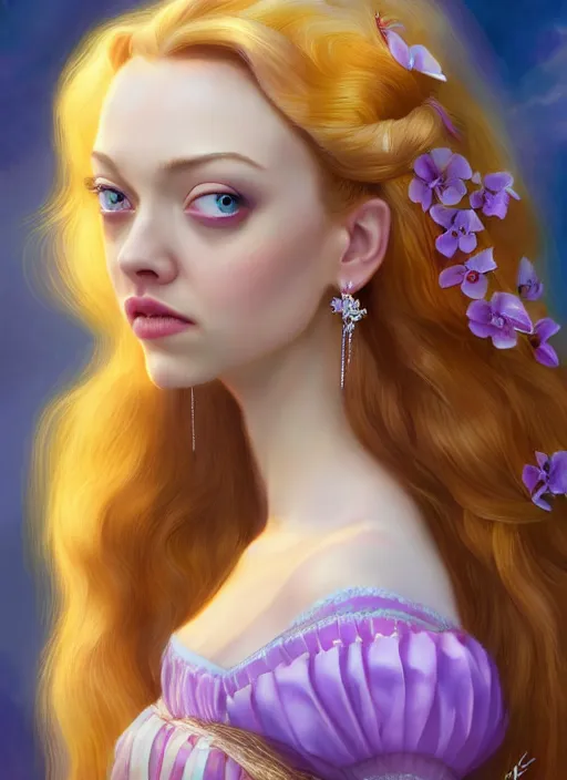 Prompt: a beautiful amanda seyfried as the rapunzel princess, 8 k, sensual, hyperrealistic, hyperdetailed, beautiful face, long ginger hair windy, dark fantasy, fantasy portrait by laura sava