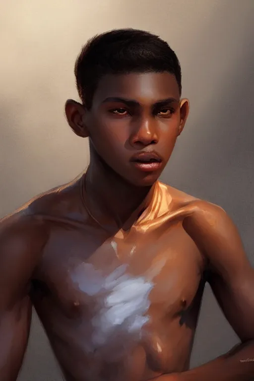 Image similar to young teenager boy with straight short brown hair, dark skin, big lips. highly detailed, d & d, fantasy, highly detailed, digital painting, trending on artstation, concept art, sharp focus, illustration, art by artgerm and greg rutkowski and fuji choko and viktoria gavrilenko and hoang lap