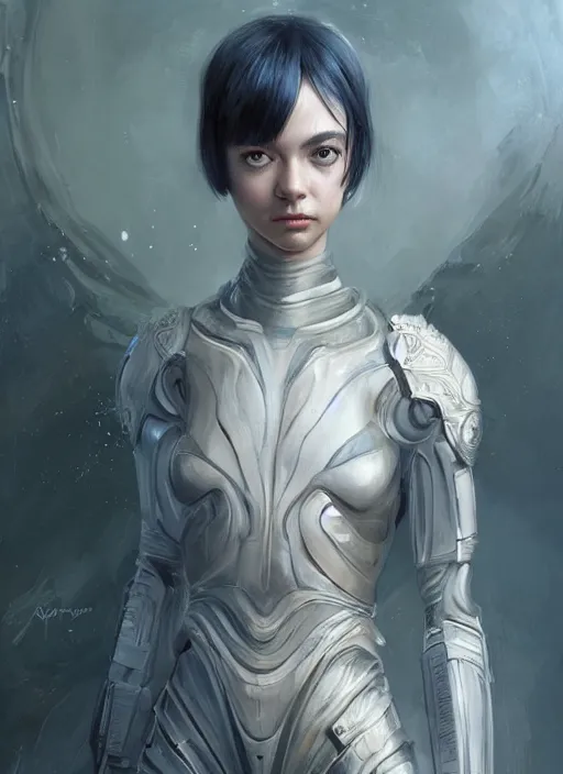 Image similar to a professional painting of a beautiful young female alien, clothed in ethereal armor, olive skin, long dark hair, beautiful bone structure, symmetrical facial features, intricate, elegant, digital painting, concept art, smooth, sharp focus, illustration, from Valerian and the City of a Thousand Planets, by Ruan Jia and Mandy Jurgens and Artgerm and William-Adolphe Bouguerea