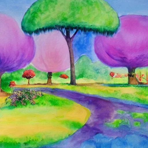 Image similar to a landscape with a purple sun with cotton candy trees flying ducks, the lorax, water color