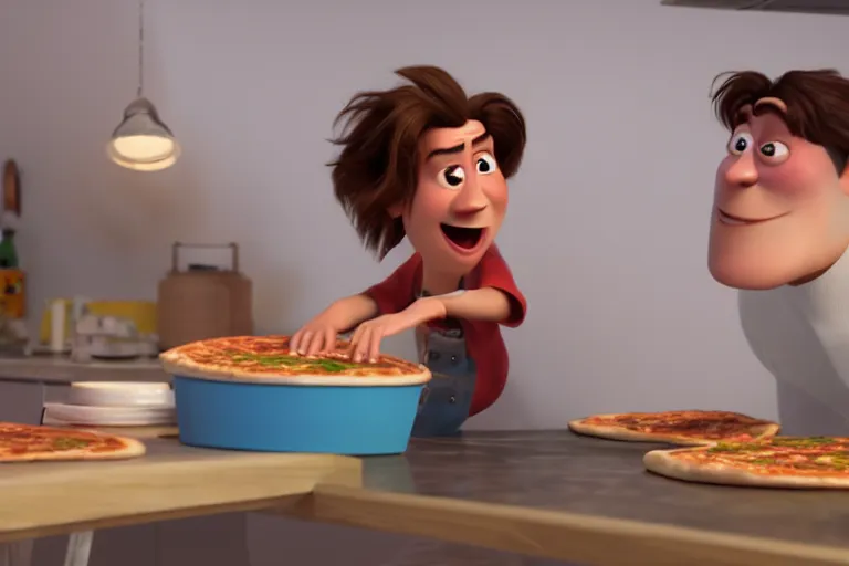 Prompt: still from a Pixar movie of Harry Styles making a pizza, high quality 3d render, movie, Pixar, Renderman, 4k, artstation