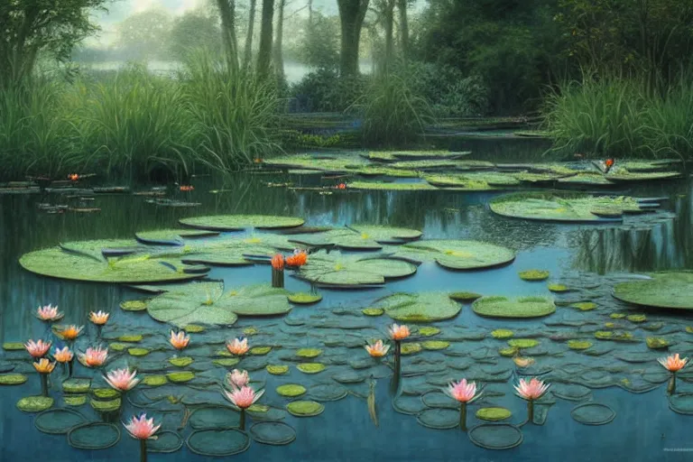 Image similar to pale teal rain beside pond with waterlilies, fantasy, intricate, elegant, dramatic lighting, emotionally evoking symbolic metaphor, highly detailed, lifelike, photorealistic, digital painting, artstation, concept art, smooth, sharp focus, illustration, art by John Collier and Albert Aublet and Krenz Cushart and Artem Demura and Alphonse Mucha