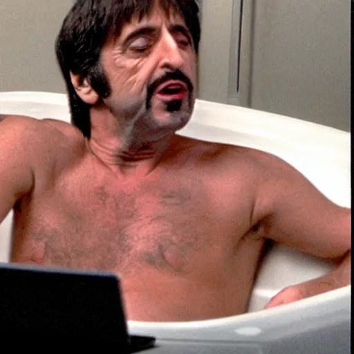 Image similar to al pacino scarface hot tub scene, except he wears cat ears and plays valorant on a laptop