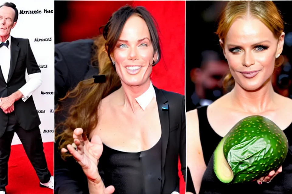 Image similar to bizarre celebrities on the red carpet rolling around in avocados