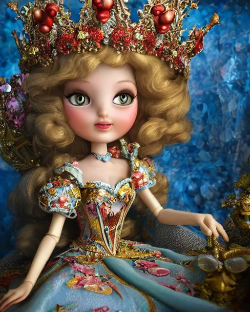 Image similar to highly detailed closeup, face profile portrait of a tin toy fairytale princess wearing a crown and sitting on a throne, bikini, depth of field, fashion photoshoot by nicoletta ceccoli, mark ryden, lostfish, dan decarlo, bob clampett, max fleischer, breathtaking, detailed and intricate environment, 8 k resolution, hyperrealistic, octane render